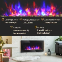 HOMCOM 36" 1450W Electric Wall-Mounted Fireplace with Flame Effect, 7 Color Background Light and Side Light, Black(m-7)