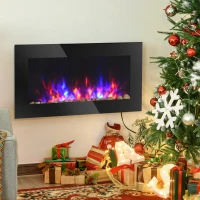 HOMCOM 36" 1450W Electric Wall-Mounted Fireplace with Flame Effect, 7 Color Background Light and Side Light, Black(m-2)