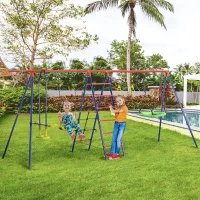Outsunny 6 In 1 Swing Set for Kids Outdoor, Metal Swing Frame with Saucer Swing, Climbing Frame, Glider, Trapeze Bar, Basketball Hoop(m-8)