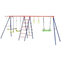 Outsunny 6 In 1 Swing Set for Kids Outdoor, Metal Swing Frame with Saucer Swing, Climbing Frame, Glider, Trapeze Bar, Basketball Hoop(m-11)
