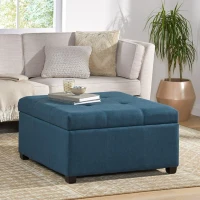 Storage Ottoman with Fabric Upholstery, Dark Stained Birch Legs, Extra Seating, 35" L x 35" W x 18.5" H, Teal(m-1)