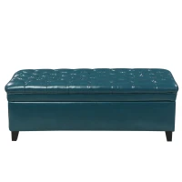 Storage Ottoman with Birch Legs, Faux Leather Tufted, 50" L x 20.5" W x 18.25" H, Spot Clean, Teal(m-9)