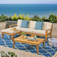 Transitional L-Shaped Patio Furniture Set, Acacia Wood Frame with Water-Resistant Cushions and Slat Panel Design, 27" L x 29.5" W x 26.25" H, Beige(m-4)