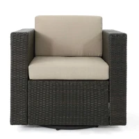 Outdoor Wicker Club Chair with Water Resistant Cushions, Swivel Chair, 33.5" L x 31.5" W x 27.75" H, Brown+Beige(m-9)