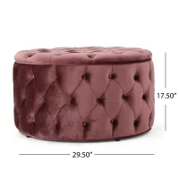 Modern Glam Round Velvet Ottoman with Cushioned Top, Sturdy Frame, and Space-Saving Design, 29.5" L x 29.5" W x 18" H, Blush(m-3)