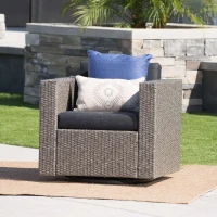 Outdoor Swivel Club Chair, Polyethylene Wicker, Water-Resistant Cushions, 33.5" L x 31.5" W x 27.75" H, Assembly Required, Black+Gray(m-4)