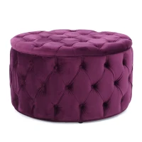 Modern Glam Round Velvet Ottoman with Cushioned Top, Sturdy Frame, and Space-Saving Design, 29.5" L x 29.5" W x 18" H, Fuchsia(m-9)