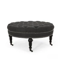 Ottoman with Casters and Birch Wood Legs, Contemporary Design, Button Tufted Diamond Stitch, Nailhead Accents, 35" x 35" x 17", Dark Gray(m-2)