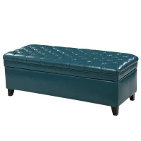 Storage Ottoman with Birch Legs, Faux Leather Tufted, 50" L x 20.5" W x 18.25" H, Spot Clean, Teal(m-2)