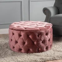 Modern Glam Round Velvet Ottoman with Cushioned Top, Sturdy Frame, and Space-Saving Design, 29.5" L x 29.5" W x 18" H, Blush(m-5)