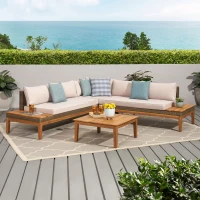 Loft Outdoor Acacia Wood and Wicker 5 Seater Sectional Sofa Set with Water-Resistant Cushions, Built-In Side Tables, and Durable Polyethylene Rattan, 64"x30"x27", Teak(m-1)