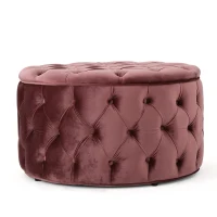 Modern Glam Round Velvet Ottoman with Cushioned Top, Sturdy Frame, and Space-Saving Design, 29.5" L x 29.5" W x 18" H, Blush(m-9)