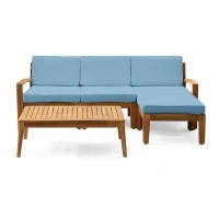 Transitional L-Shaped Patio Furniture Set, Acacia Wood Frame with Water-Resistant Cushions and Slat Panel Design, 27" L x 29.5" W x 26.25" H, Blue(m-9)