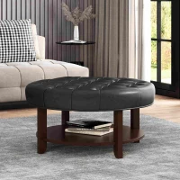 Round Ottoman with Faux Leather Upholstery, Button Tufting, Rubberwood Frame, and Open Shelf, Contemporary Design, 32" L x 32" W x 17" H, Black(m-4)
