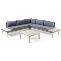 Loft Outdoor Acacia Wood and Wicker 5 Seater Sectional Sofa Set with Water-Resistant Cushions, Built-In Side Tables, and Durable Polyethylene Rattan, 64"x30"x27", Gray(m-2)