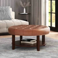 Round Ottoman with Faux Leather Upholstery, Button Tufting, Rubberwood Frame, and Open Shelf, Contemporary Design, 32" L x 32" W x 17" H, Light Brown(m-4)