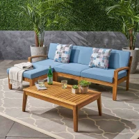 Transitional L-Shaped Patio Furniture Set, Acacia Wood Frame with Water-Resistant Cushions and Slat Panel Design, 27" L x 29.5" W x 26.25" H, Blue(m-1)