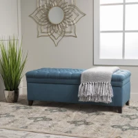 Storage Ottoman with Birch Legs, Hand-Tufted Fabric, 50" L x 20.5" W x 18.25" H, Spot Clean, Blue(m-1)