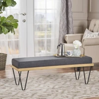 Stylish Bedroom Bench with Padded Seat Cushion, Upturned Wide U Shape, Light Assembly Required, 47.25" L x 15.75" W x 16.5" H, Charcoal Gray(m-1)