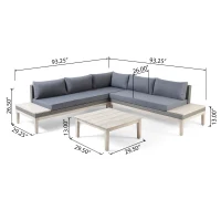 Loft Outdoor Acacia Wood and Wicker 5 Seater Sectional Sofa Set with Water-Resistant Cushions, Built-In Side Tables, and Durable Polyethylene Rattan, 64"x30"x27", Gray(m-3)