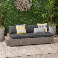 Outdoor Wicker 3-Seater Sofa with Built-In Side Table, Water-Resistant Cushions, Rust-Proof Aluminum Frame, 75.5" L x 29.75" W x 25.5" H, Black+Gray(m-1)