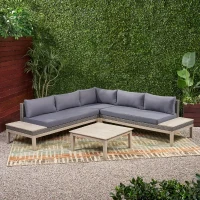 Loft Outdoor Acacia Wood and Wicker 5 Seater Sectional Sofa Set with Water-Resistant Cushions, Built-In Side Tables, and Durable Polyethylene Rattan, 64"x30"x27", Gray(m-6)