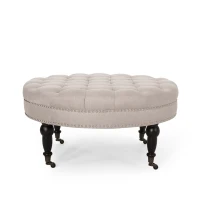 Ottoman with Casters and Birch Wood Legs, Contemporary Design, Button Tufted Diamond Stitch, Nailhead Accents, 35" x 35" x 17", Wheat(m-7)