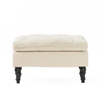 28" Pillow Top Ottoman with Button Tufted Upholstery, Turned Birch Legs, Extra Seating or Footrest, 28.5"x18"x17.75", Cream(m-9)
