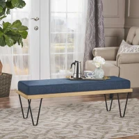 Stylish Bedroom Bench with Padded Seat Cushion, Upturned Wide U Shape, Light Assembly Required, 47.25" L x 15.75" W x 16.5" H, Navy Blue(m-1)