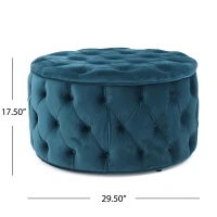 Modern Glam Round Velvet Ottoman with Cushioned Top, Sturdy Frame, and Space-Saving Design, 29.5" L x 29.5" W x 18" H, Teal(m-3)