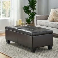 Double-Top Storage Ottoman with Soft Leather, Tufted Design, Ample Interior Space, and Matching Espresso Legs, 51"x24.5"x19", Brown(m-4)