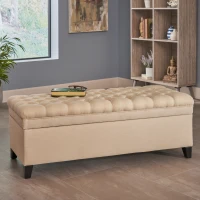 Storage Ottoman with Birch Legs, Hand-Tufted Fabric, 50" L x 20.5" W x 18.25" H, Spot Clean, Beige(m-5)
