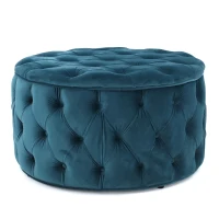 Modern Glam Round Velvet Ottoman with Cushioned Top, Sturdy Frame, and Space-Saving Design, 29.5" L x 29.5" W x 18" H, Teal(m-9)