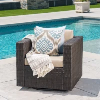 Outdoor Wicker Club Chair with Water Resistant Cushions, Swivel Chair, 33.5" L x 31.5" W x 27.75" H, Brown+Beige(m-1)