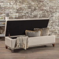 Storage Ottoman with Tufted Waffle Stitching, Nailhead Trim, Contemporary Design, and Ample Storage Space, 50.85" L x 19.65" W x 15.75" H, Beige(m-4)