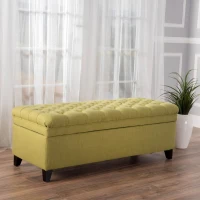 Storage Ottoman with Birch Legs, Hand-Tufted Fabric, 50" L x 20.5" W x 18.25" H, Spot Clean, Green(m-5)