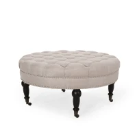 Ottoman with Casters and Birch Wood Legs, Contemporary Design, Button Tufted Diamond Stitch, Nailhead Accents, 35" x 35" x 17", Wheat(m-2)