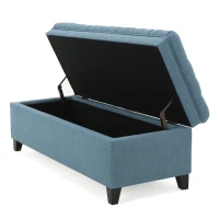 Storage Ottoman with Birch Legs, Hand-Tufted Fabric, 50" L x 20.5" W x 18.25" H, Spot Clean, Blue(m-10)