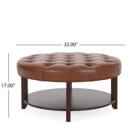 Round Ottoman with Faux Leather Upholstery, Button Tufting, Rubberwood Frame, and Open Shelf, Contemporary Design, 32" L x 32" W x 17" H, Light Brown(m-3)