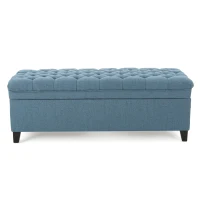Storage Ottoman with Birch Legs, Hand-Tufted Fabric, 50" L x 20.5" W x 18.25" H, Spot Clean, Blue(m-11)