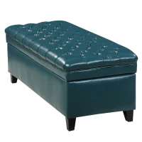 Storage Ottoman with Birch Legs, Faux Leather Tufted, 50" L x 20.5" W x 18.25" H, Spot Clean, Teal(m-8)