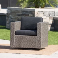 Outdoor Swivel Club Chair, Polyethylene Wicker, Water-Resistant Cushions, 33.5" L x 31.5" W x 27.75" H, Assembly Required, Black+Gray(m-5)