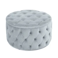Modern Glam Round Velvet Ottoman with Cushioned Top, Sturdy Frame, and Space-Saving Design, 29.5" L x 29.5" W x 18" H, Light Gray(m-2)