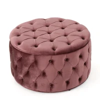 Modern Glam Round Velvet Ottoman with Cushioned Top, Sturdy Frame, and Space-Saving Design, 29.5" L x 29.5" W x 18" H, Blush(m-2)
