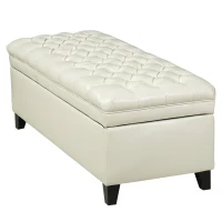 Storage Ottoman with Birch Legs, Faux Leather Tufted, 50" L x 20.5" W x 18.25" H, Spot Clean, Ivory(m-9)