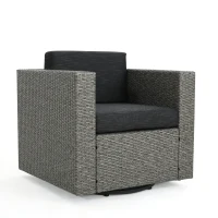 Outdoor Swivel Club Chair, Polyethylene Wicker, Water-Resistant Cushions, 33.5" L x 31.5" W x 27.75" H, Assembly Required, Black+Gray(m-2)