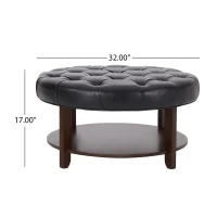 Round Ottoman with Faux Leather Upholstery, Button Tufting, Rubberwood Frame, and Open Shelf, Contemporary Design, 32" L x 32" W x 17" H, Black(m-3)