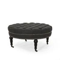 Ottoman with Casters and Birch Wood Legs, Contemporary Design, Button Tufted Diamond Stitch, Nailhead Accents, 35" x 35" x 17", Dark Gray(m-7)