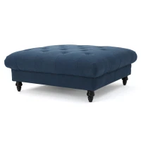 Tufted Ottoman with Upholstered Polyester Blend, Button Tufting, Turned Feet, 40.5" x 40.5" x 16.9", Navy Blue(m-9)