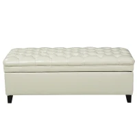 Storage Ottoman with Birch Legs, Faux Leather Tufted, 50" L x 20.5" W x 18.25" H, Spot Clean, Ivory(m-10)